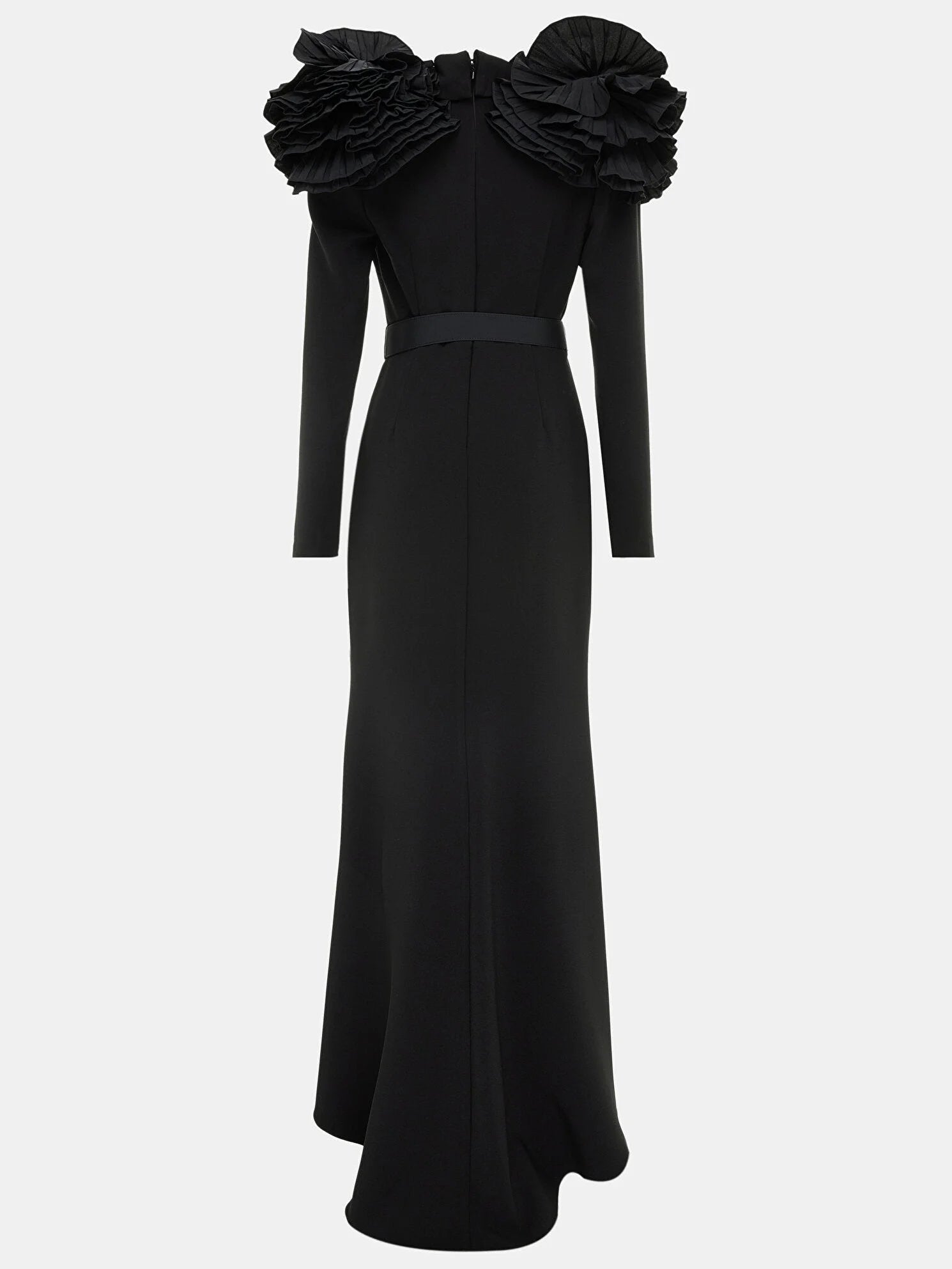 Belted Black Ruffled Shoulder Crepe Buttoned Gown - Dresses