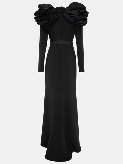 Belted Black Ruffled Shoulder Crepe Buttoned Gown - Dresses