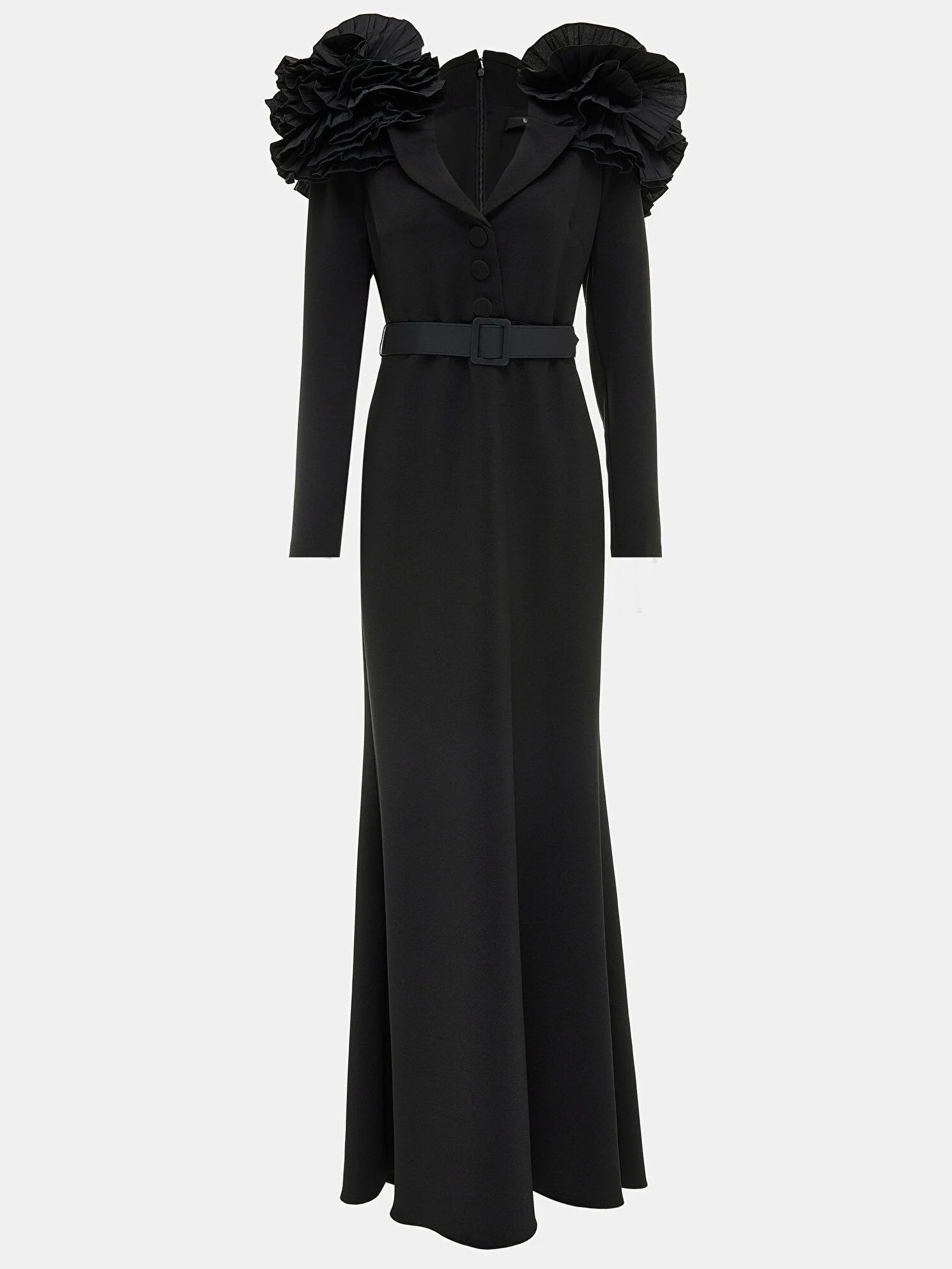 Belted Black Ruffled Shoulder Crepe Buttoned Gown - Dresses
