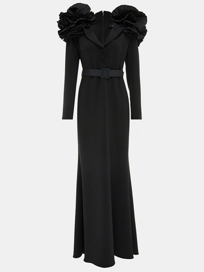 Belted Black Ruffled Shoulder Crepe Buttoned Gown - Dresses