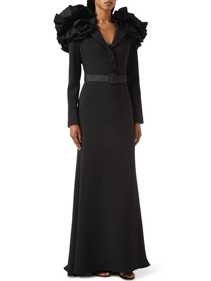 Belted Black Ruffled Shoulder Crepe Buttoned Gown - S - Dresses