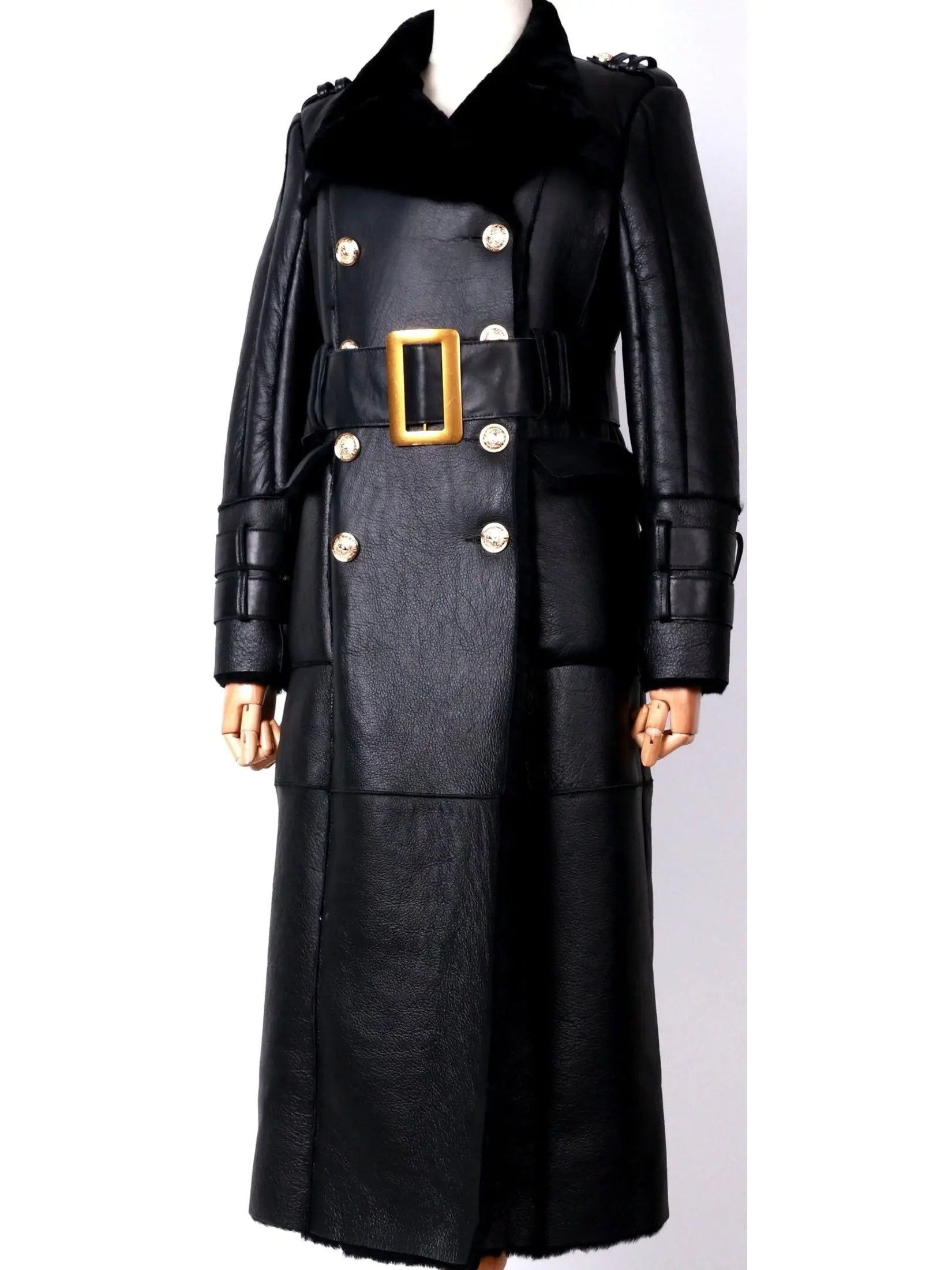 Belted Black Shearling Sheepskin Leather Coat - Coats