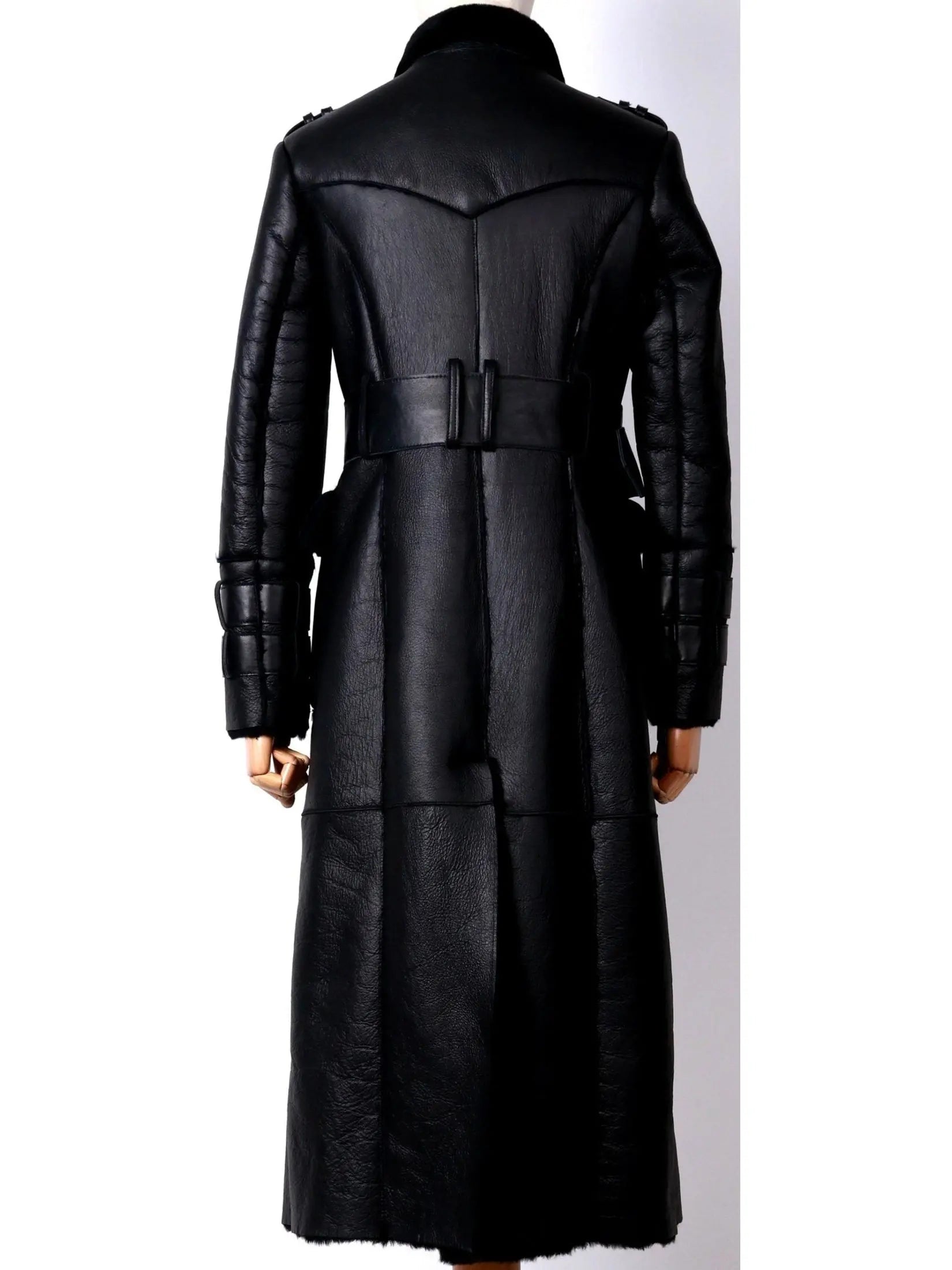 Belted Black Shearling Sheepskin Leather Coat - Coats