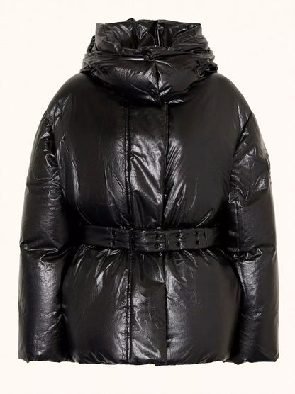 Belted Black Shiny Hooded Down Jacket - Jackets