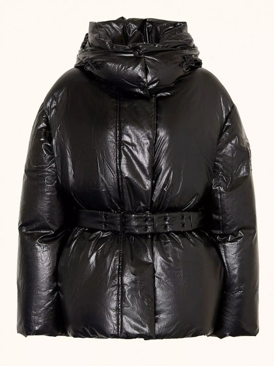 Belted Black Shiny Hooded Down Jacket - Jackets