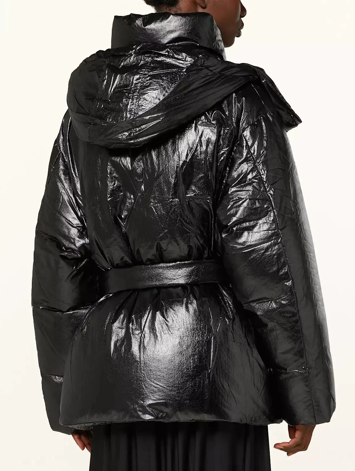 Belted Black Shiny Hooded Down Jacket - Jackets