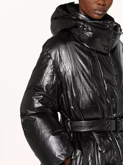 Belted Black Shiny Hooded Down Jacket - Jackets