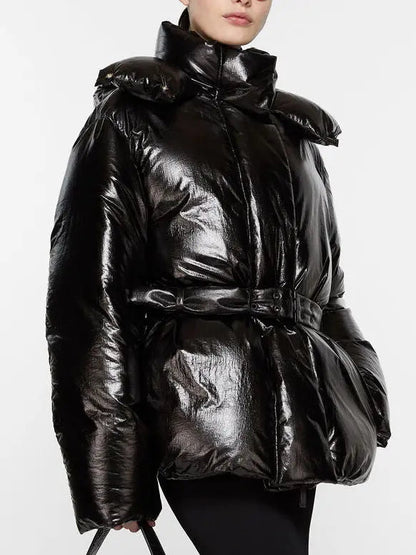 Belted Black Shiny Hooded Down Jacket - Jackets