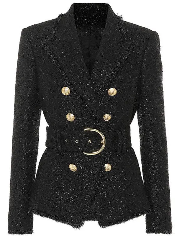 Belted Black Tweed Double-Breasted Jacket - Jackets