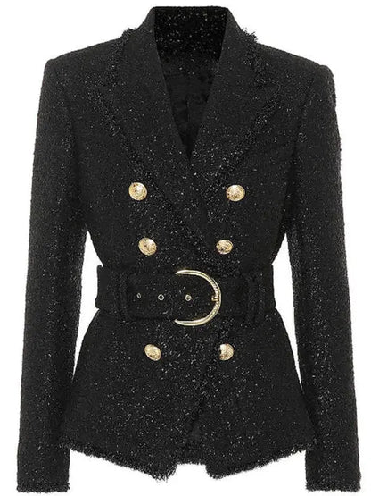 Belted Black Tweed Double-Breasted Jacket - Jackets