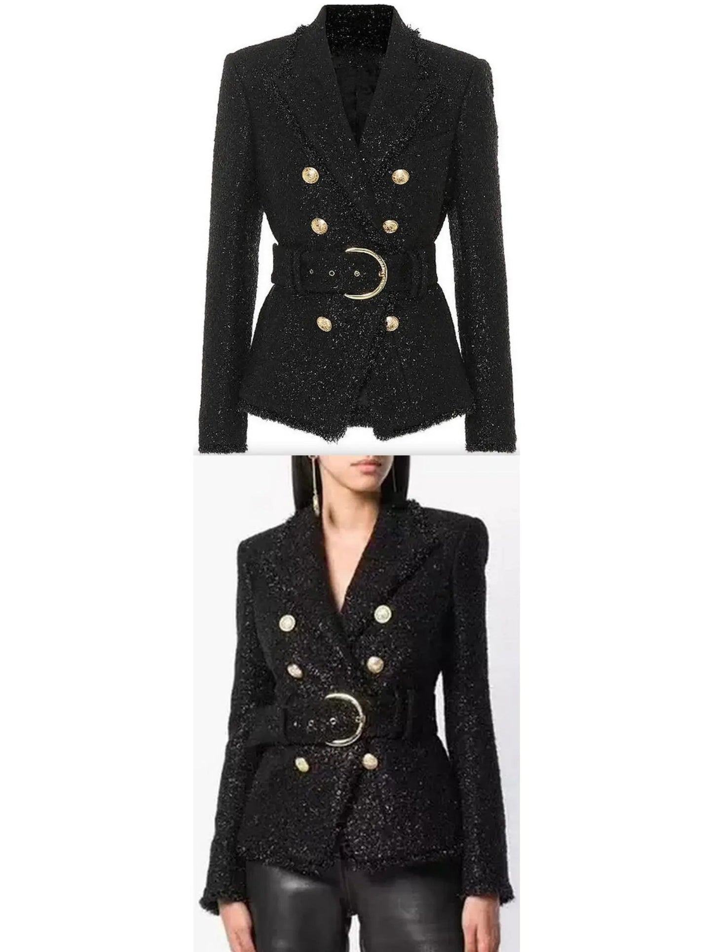 Belted Black Tweed Double-Breasted Jacket - Jackets