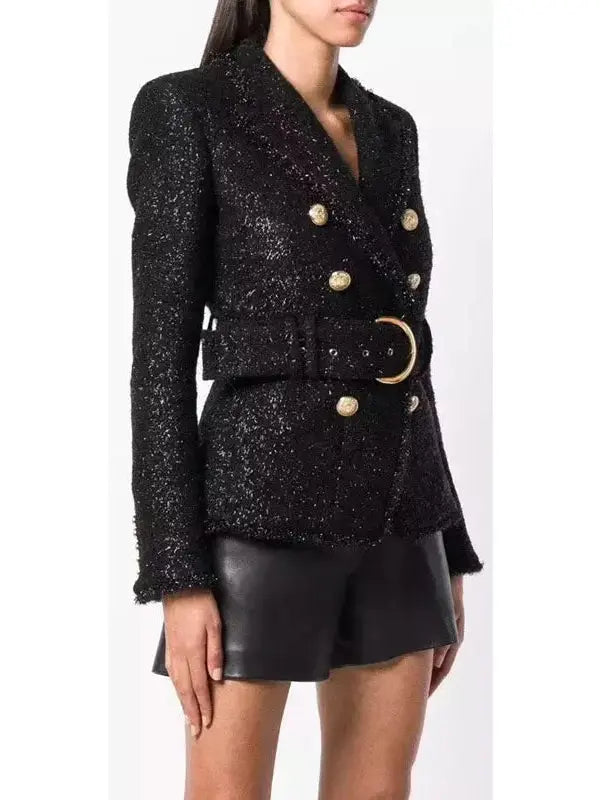 Belted Black Tweed Double-Breasted Jacket - Jackets