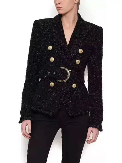 Belted Black Tweed Double-Breasted Jacket - Jackets