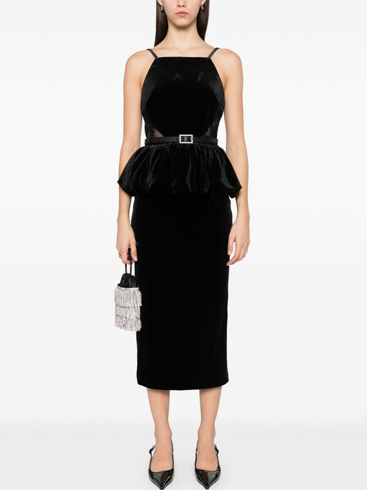 Belted Black Velvet Peplum Dress with Side-Lace Detailing elegantly displayed