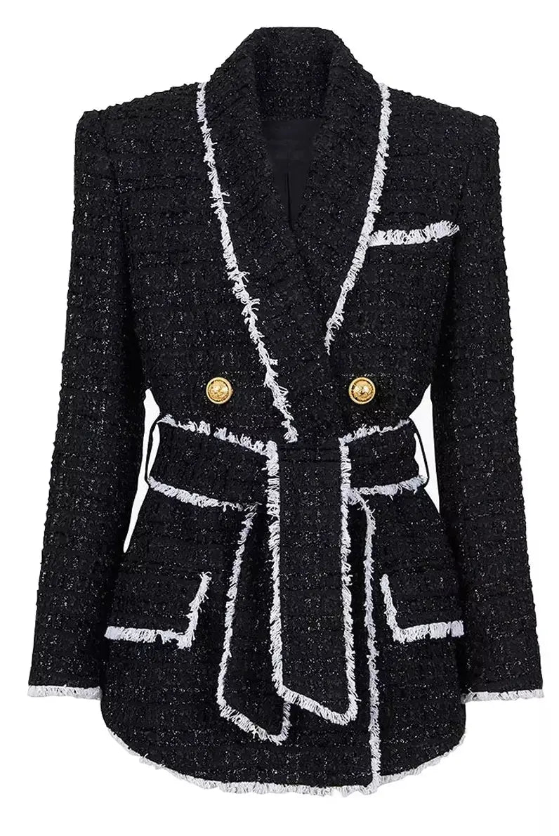 Belted Black with White-Trim Double-Breasted Tweed Jacket and Short Set - Suits & Sets