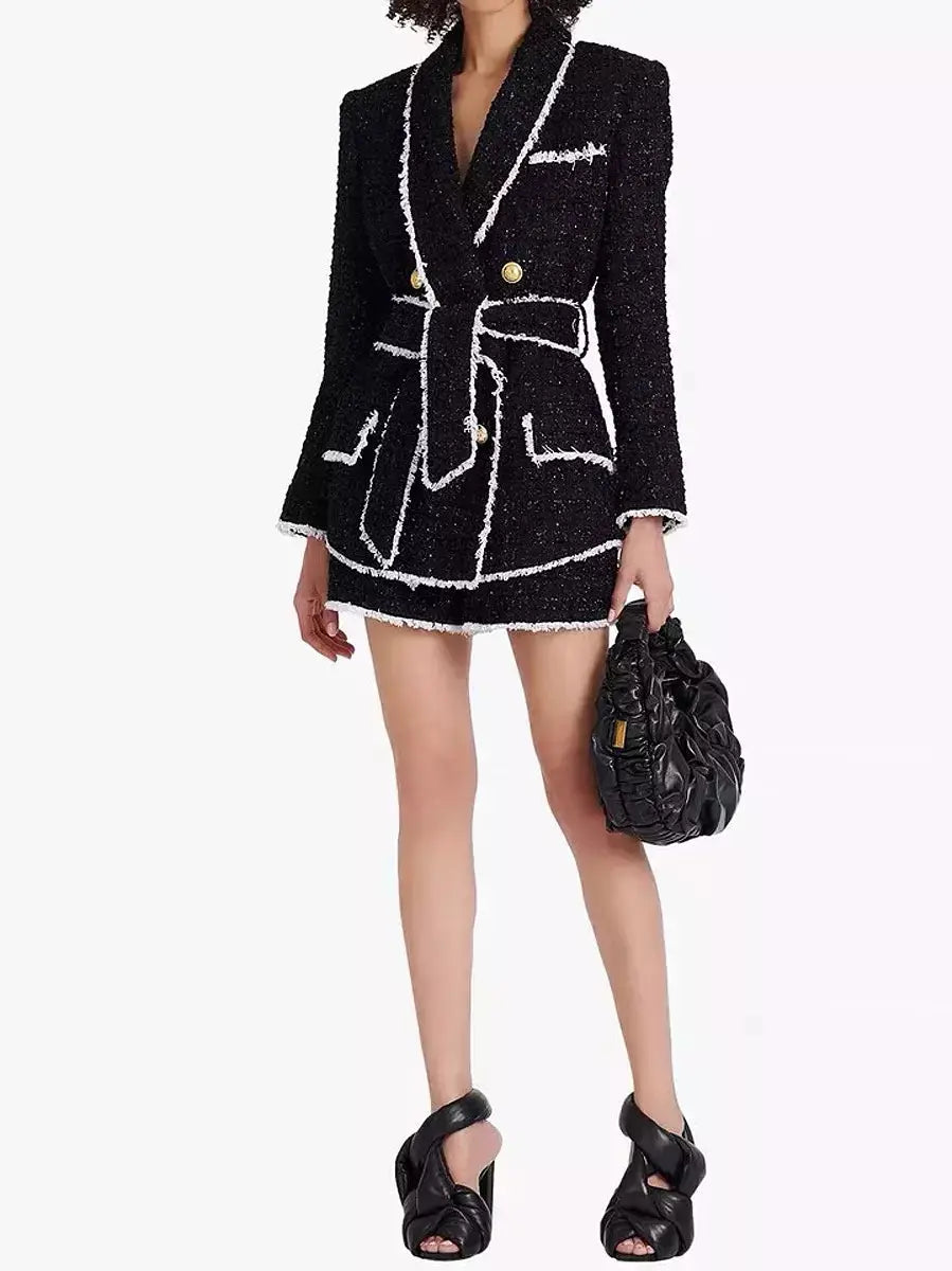 Belted Black with White-Trim Double-Breasted Tweed Jacket and Short Set - Suits & Sets