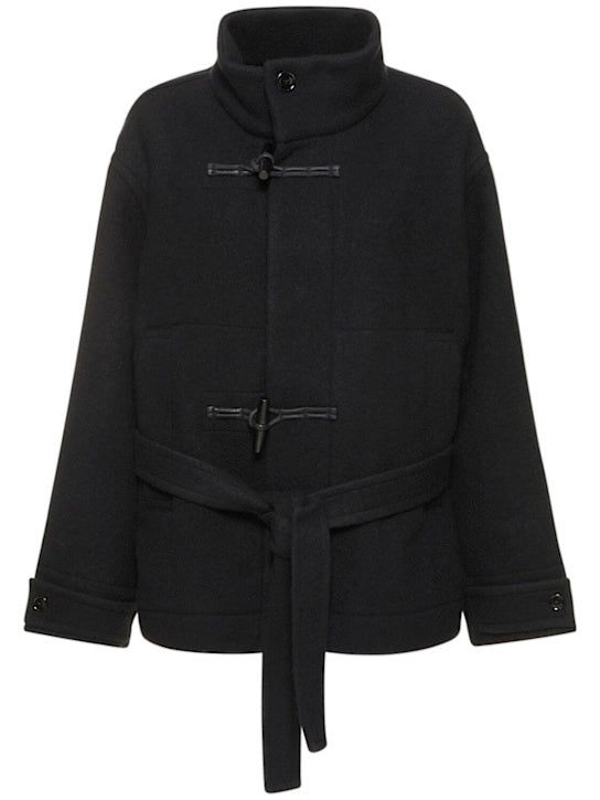 Belted Black Wool Duffle Jacket - Jackets