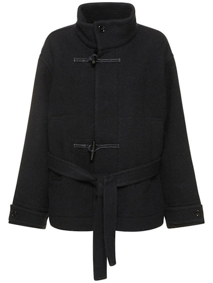 Belted Black Wool Duffle Jacket - Jackets