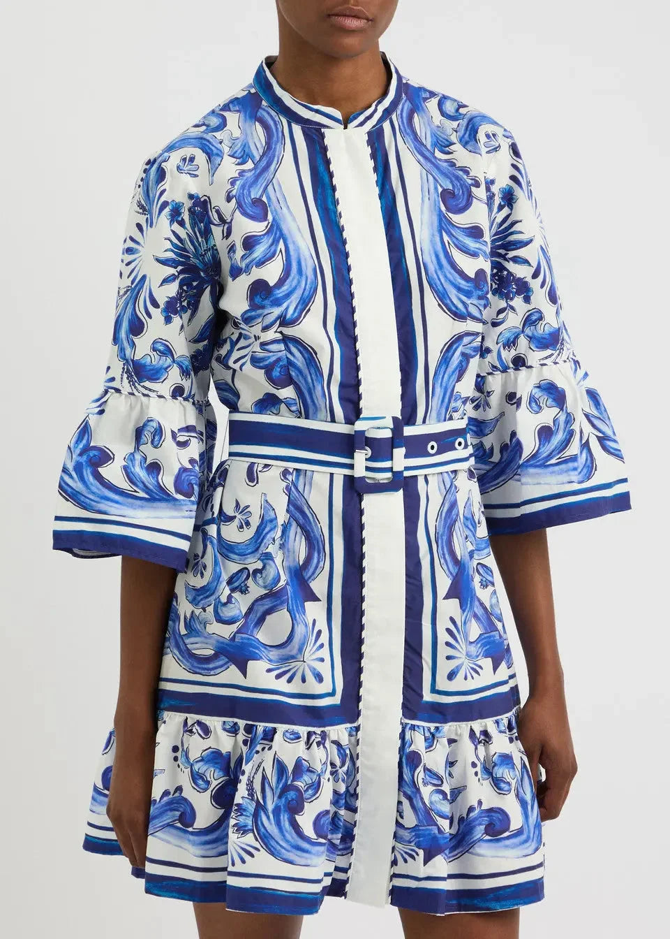 Branna Couture Belted Blue Tile Print Mini Dress Branna Couture Belted Blue Tile Print Mini Dress