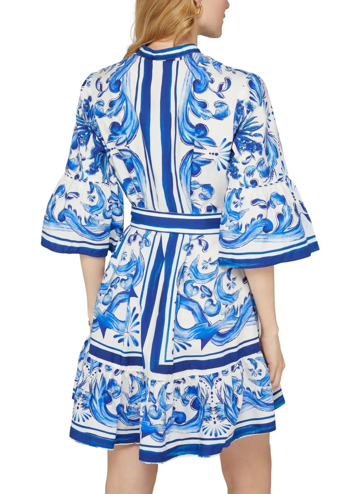 Belted Blue and White Tile Printed Flared Mini Dress - Dresses