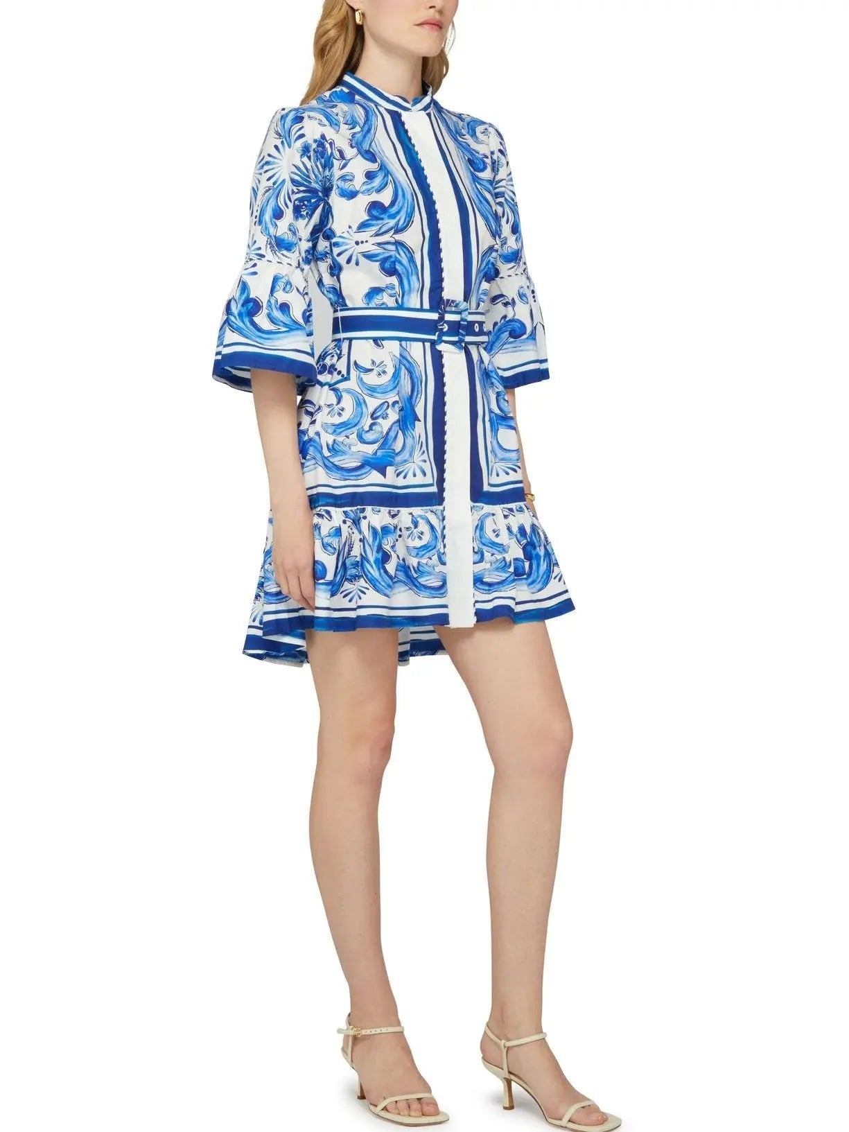 Belted Blue and White Tile Printed Flared Mini Dress - Dresses