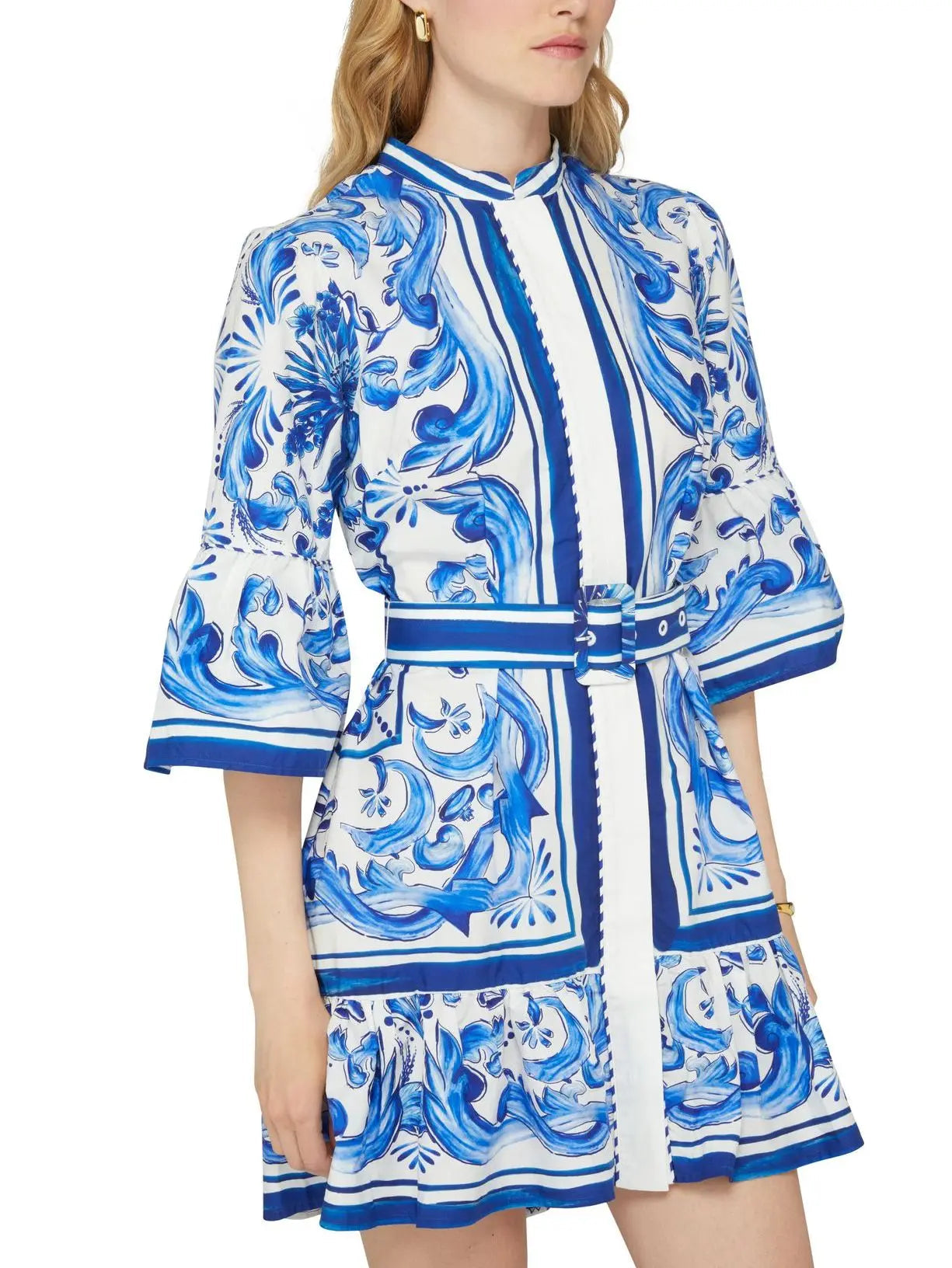 Belted Blue and White Tile Printed Flared Mini Dress - Dresses