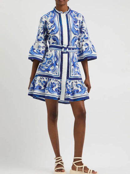 Belted Blue and White Tile Printed Flared Mini Dress - Dresses