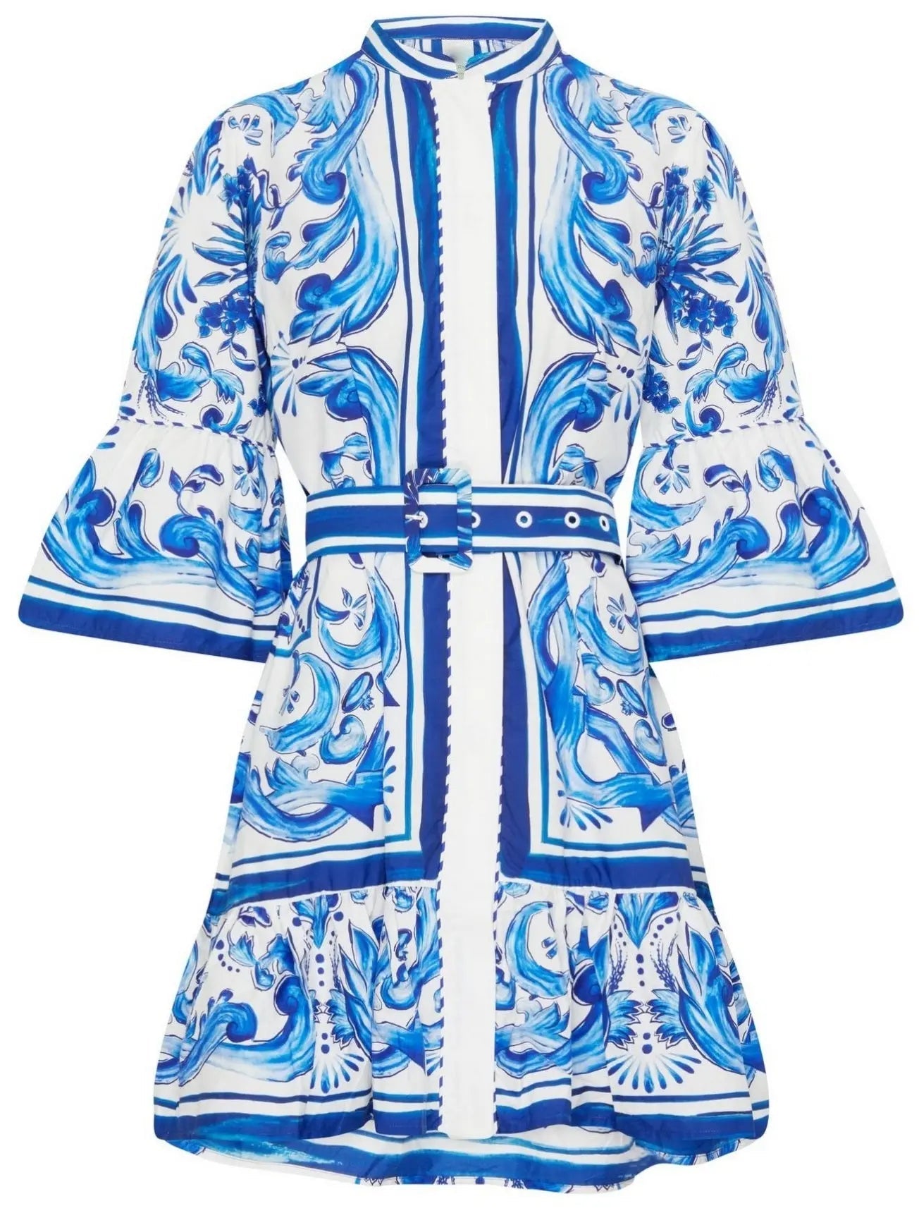 Belted Blue and White Tile Printed Flared Mini Dress - Dresses