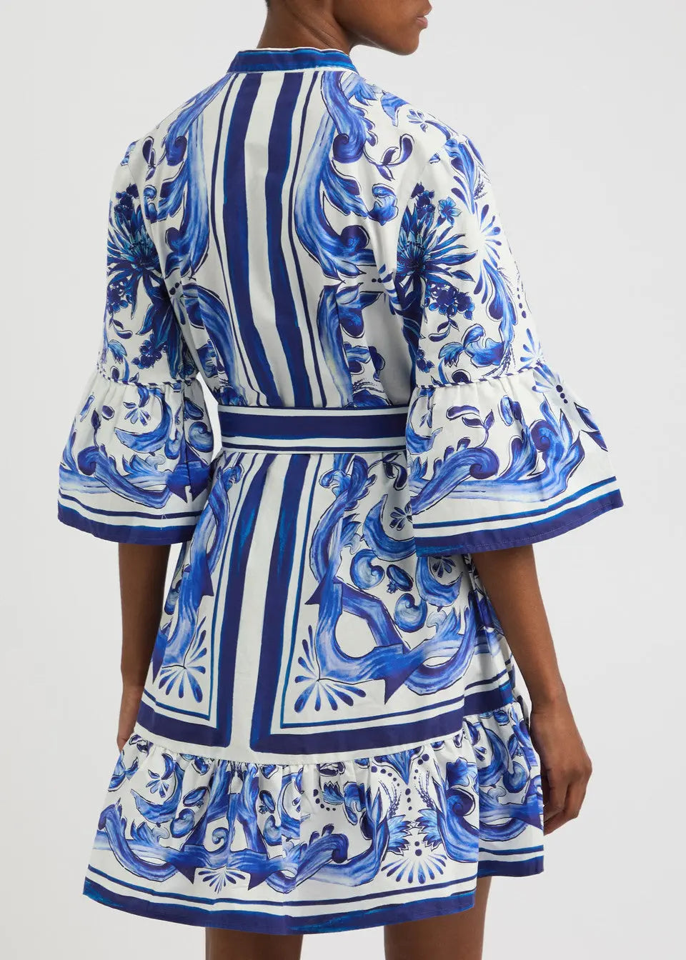 Belted Blue and White Tile Printed Flared Mini Dress - Dresses