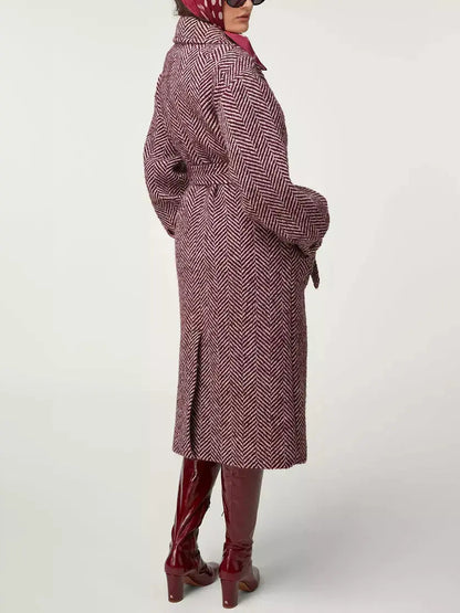 Belted Burgundy Herringbone Wool-Blend Midi Coat - Coats