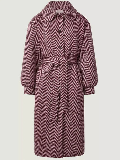 Belted Burgundy Herringbone Wool-Blend Midi Coat - Coats