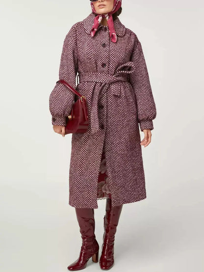 Belted Burgundy Herringbone Wool-Blend Midi Coat - Coats