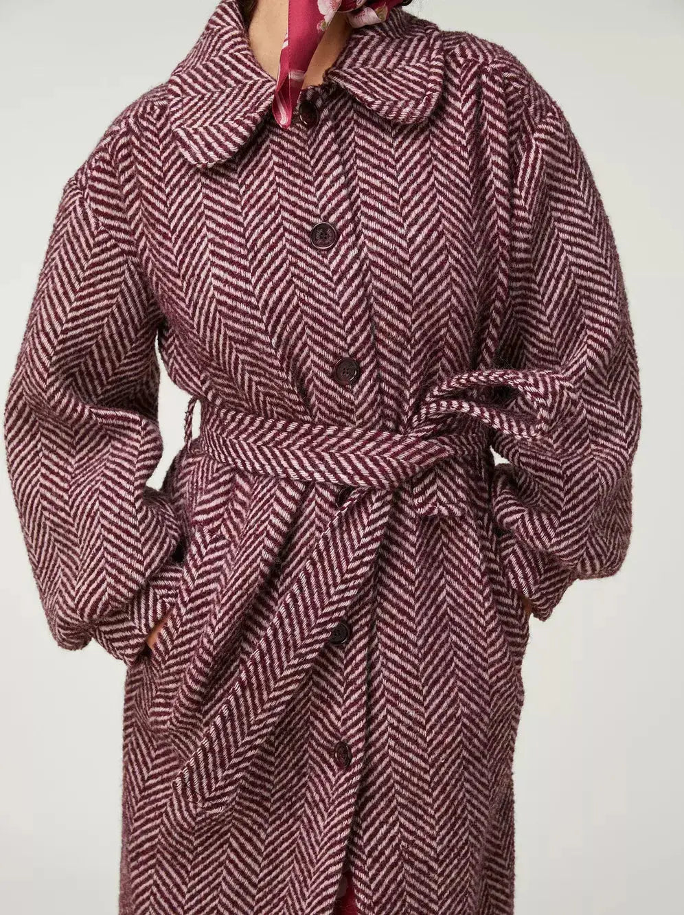 Belted Burgundy Herringbone Wool-Blend Midi Coat - Coats