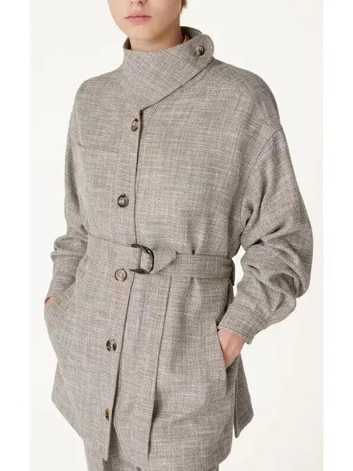 Belted Button-Down Linen-Blend Jacket with Side-Fastening Flap - Jackets