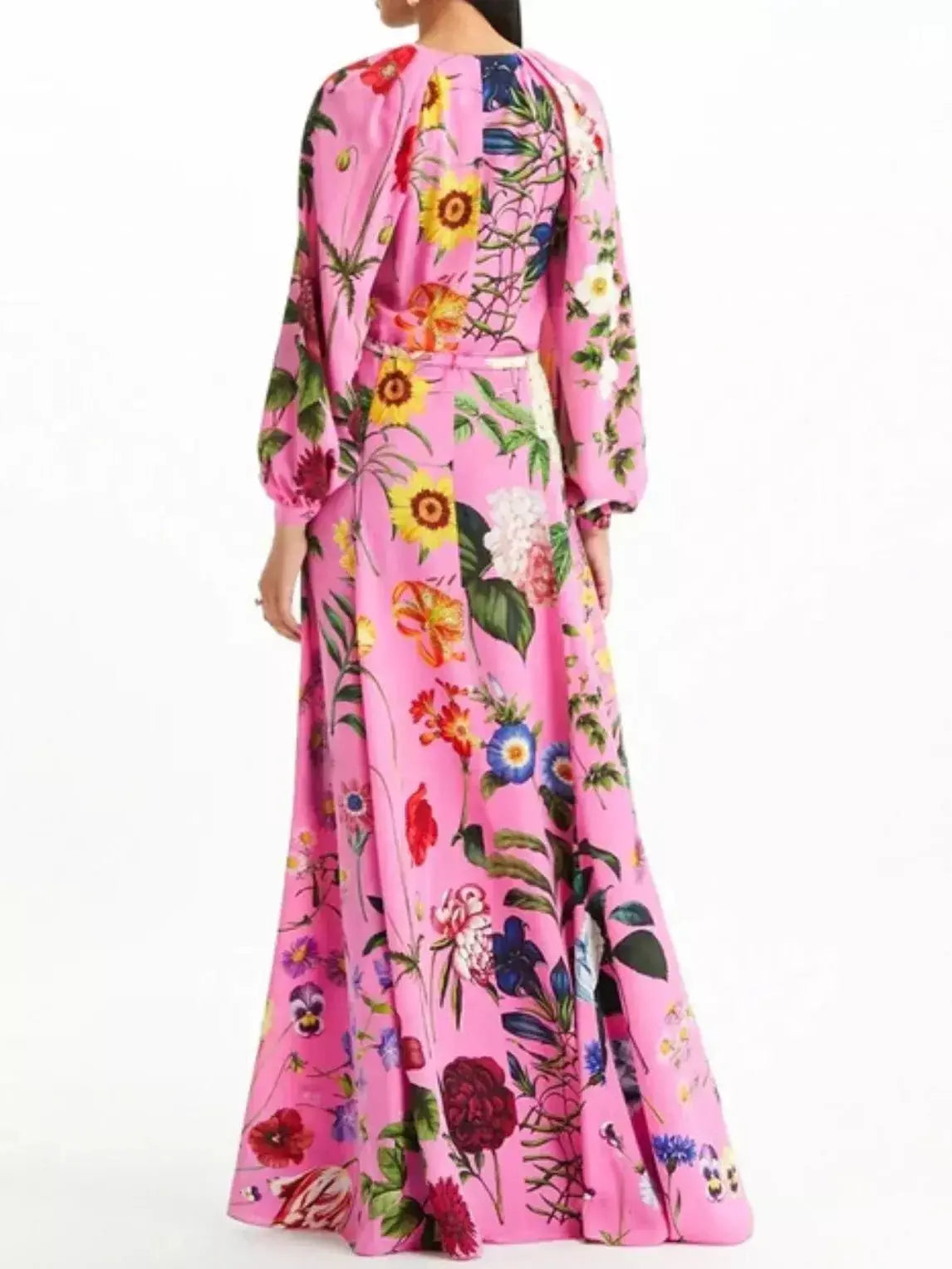 Belted Button-Front Floral-Print Pink Long-Sleeve Maxi Dress - Dresses