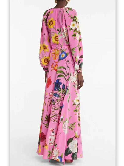 Belted Button-Front Floral-Print Pink Long-Sleeve Maxi Dress - Dresses