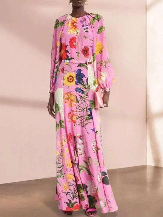 Belted Button-Front Floral-Print Pink Long-Sleeve Maxi Dress - Dresses