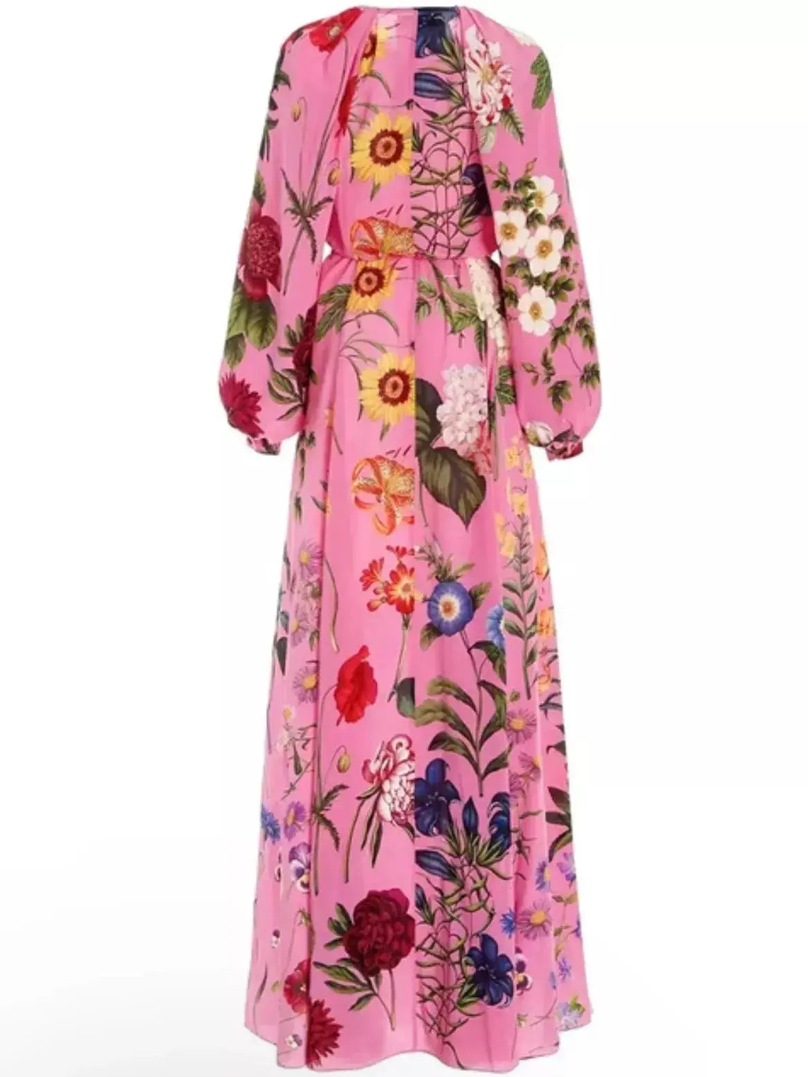 Belted Button-Front Floral-Print Pink Long-Sleeve Maxi Dress - Dresses