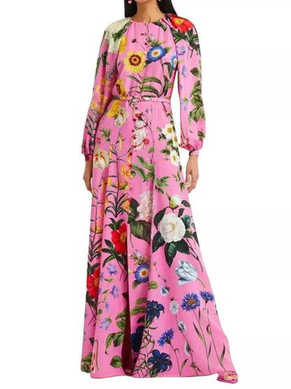 Belted Button-Front Floral-Print Pink Long-Sleeve Maxi Dress - Dresses