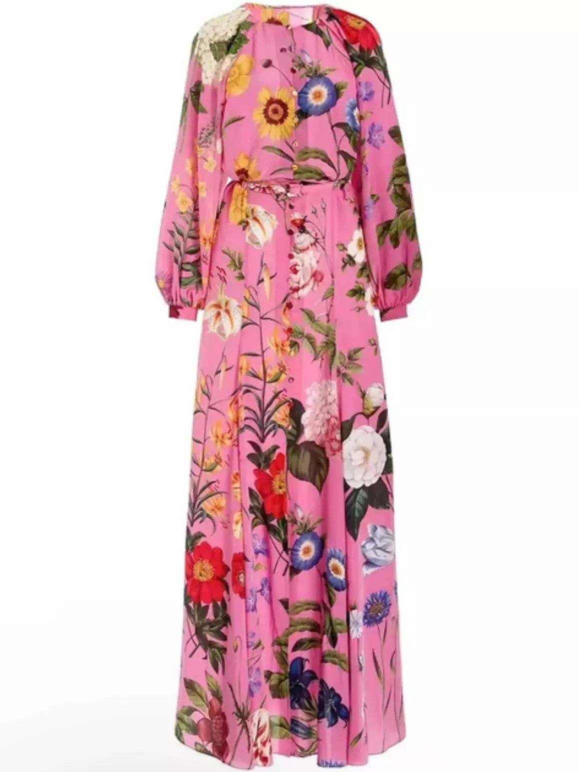 Belted Button-Front Floral-Print Pink Long-Sleeve Maxi Dress - Dresses