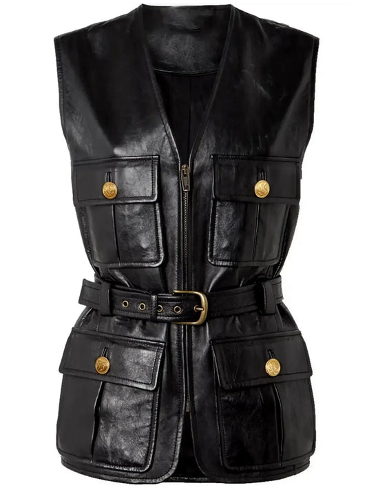Belted Cargo Pocket Leather Black Vest - Jackets