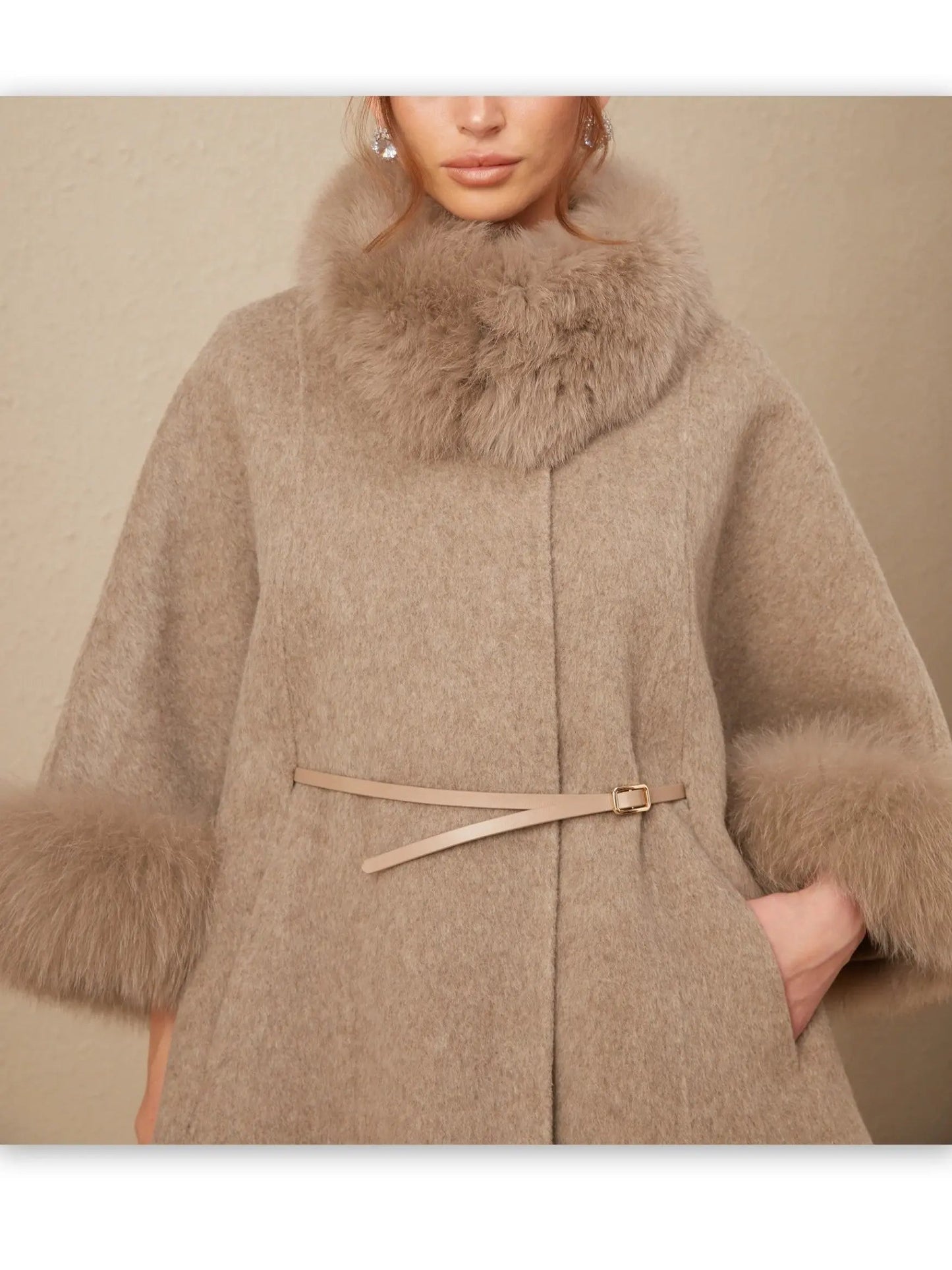 Belted Cashmere and Fur Cape Coat - Coats