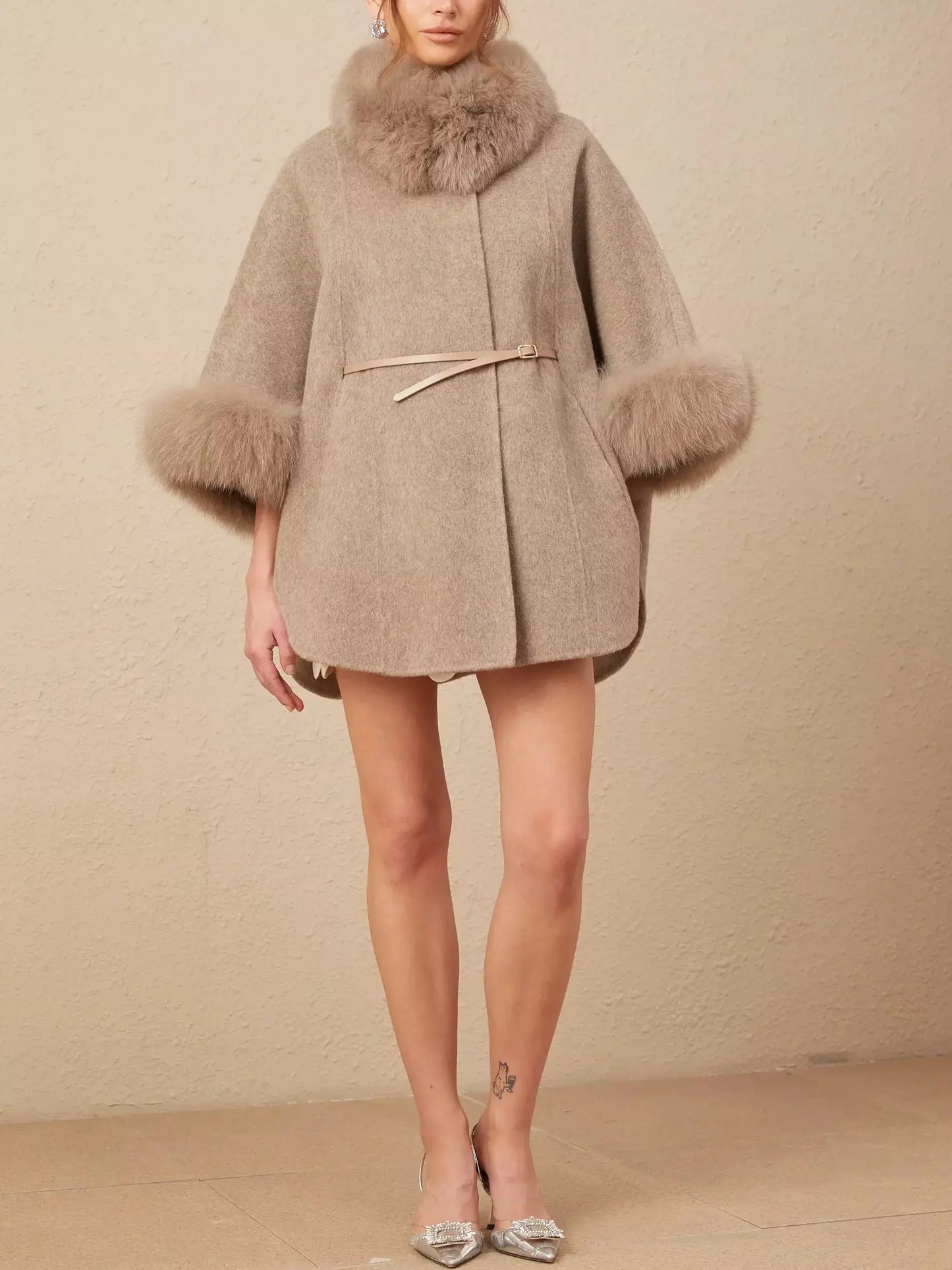 Belted Cashmere and Fur Cape Coat - Coats