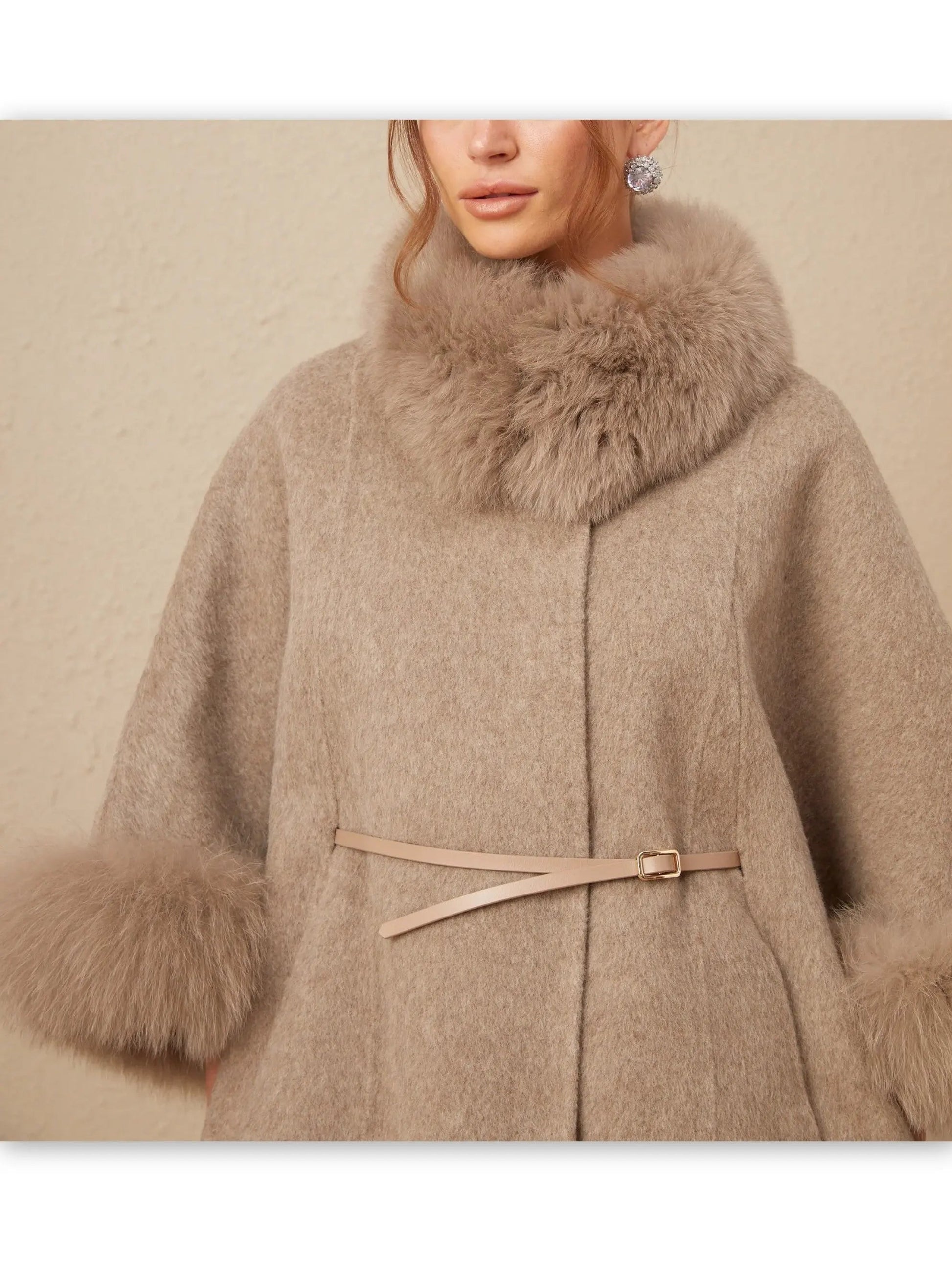 Belted Cashmere and Fur Cape Coat - Coats