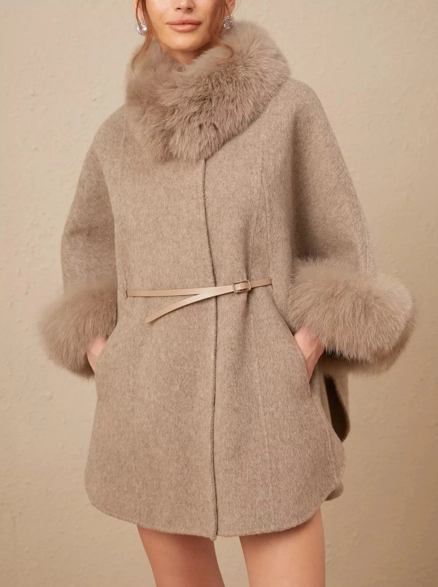 Belted Cashmere and Fur Cape Coat - Coats