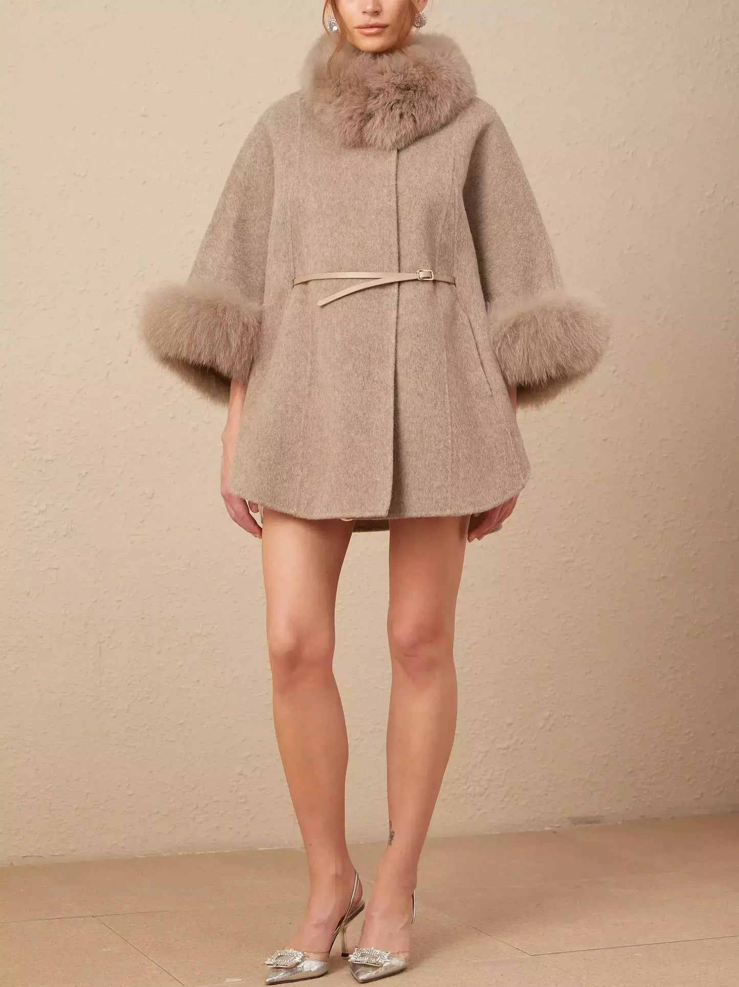 Belted Cashmere and Fur Cape Coat - Coats