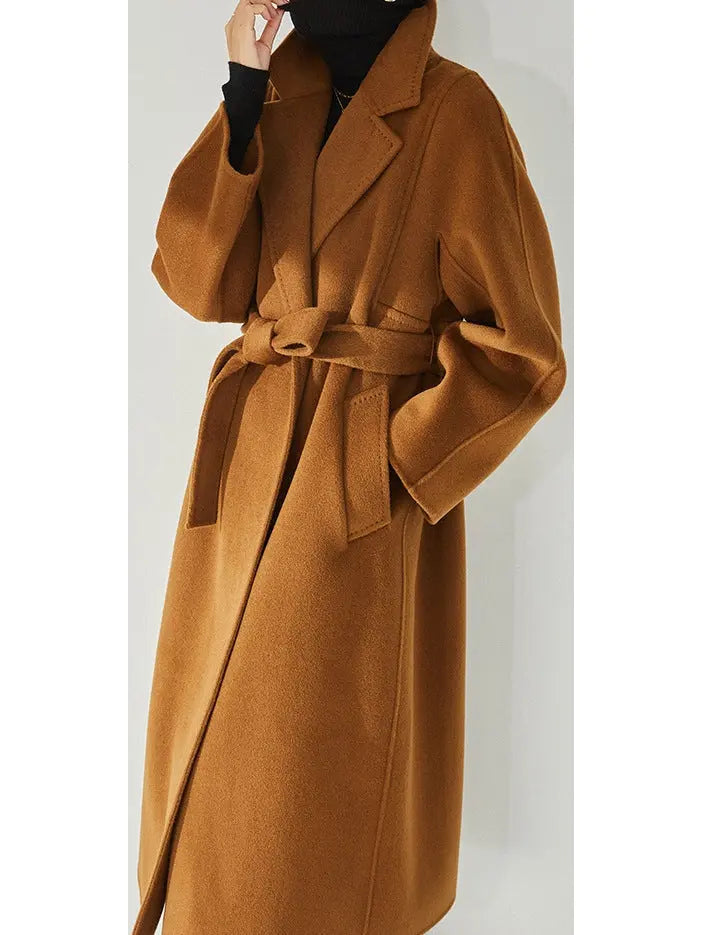 Belted Cashmere Wool Wrap Coat Dark Caramel - Coats