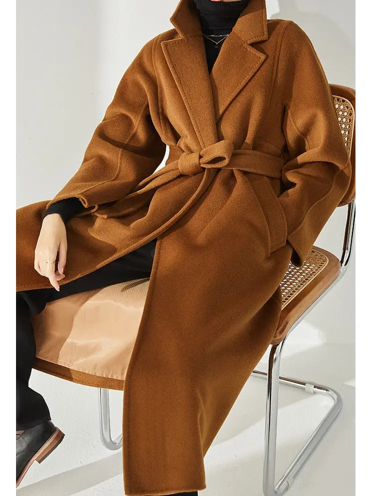 Belted Cashmere Wool Wrap Coat Dark Caramel - Coats