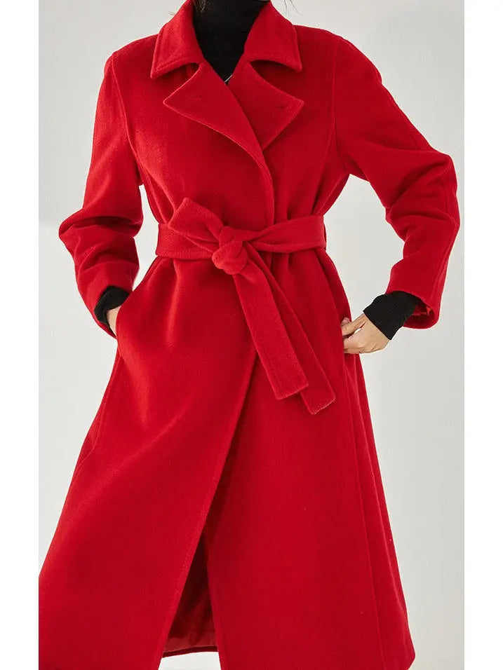 Belted Cashmere Wool Wrap Coat Red - Coats