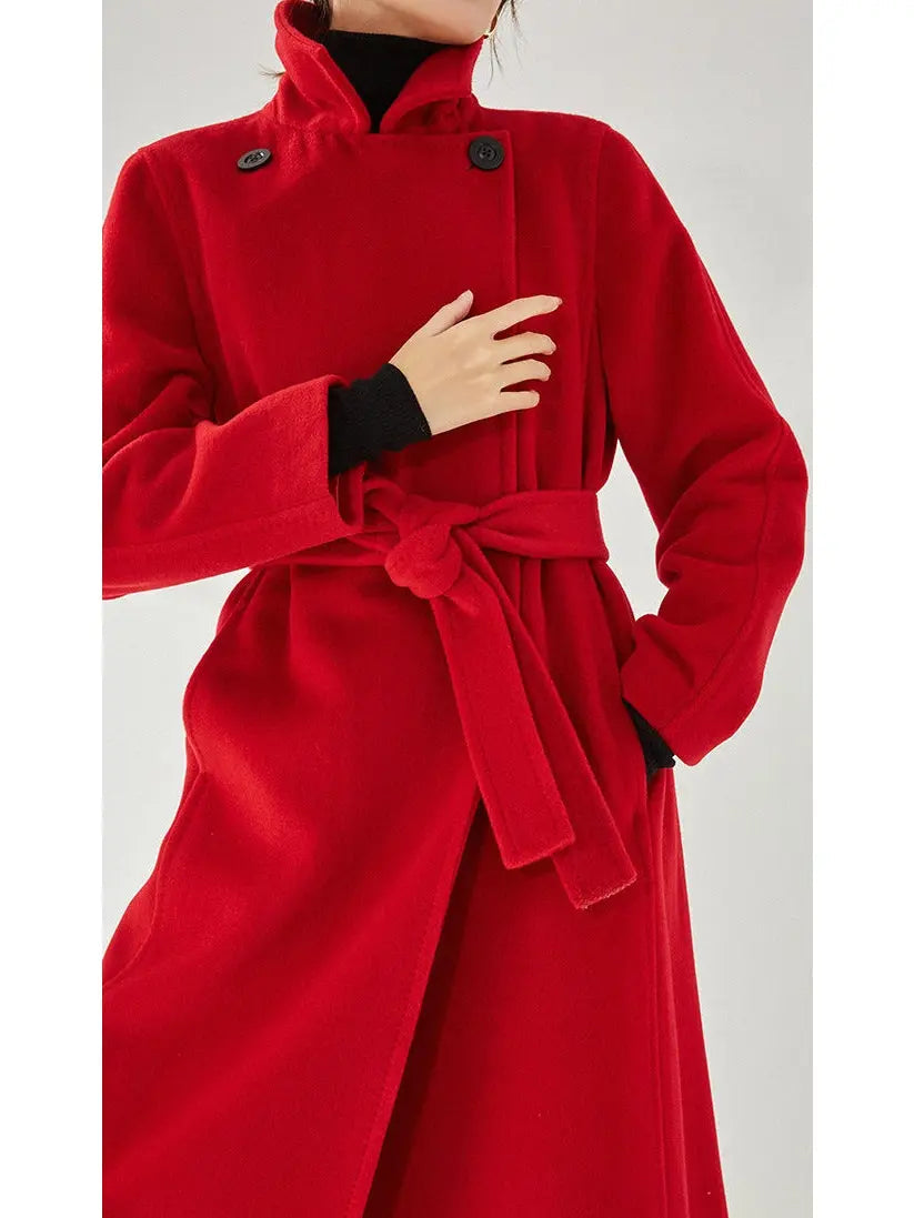 Belted Cashmere Wool Wrap Coat Red - Coats